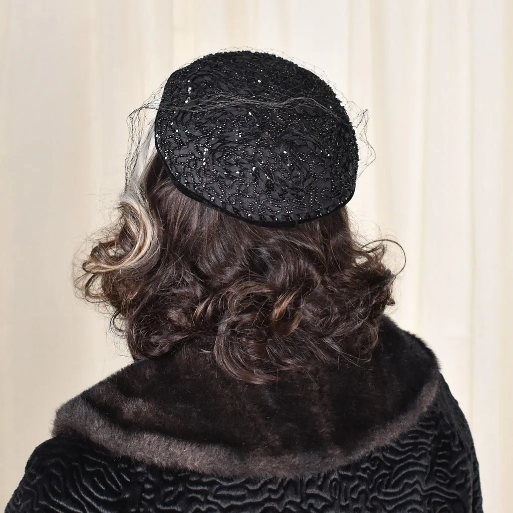 1950s Black Vintage Sequin & Bead Hat