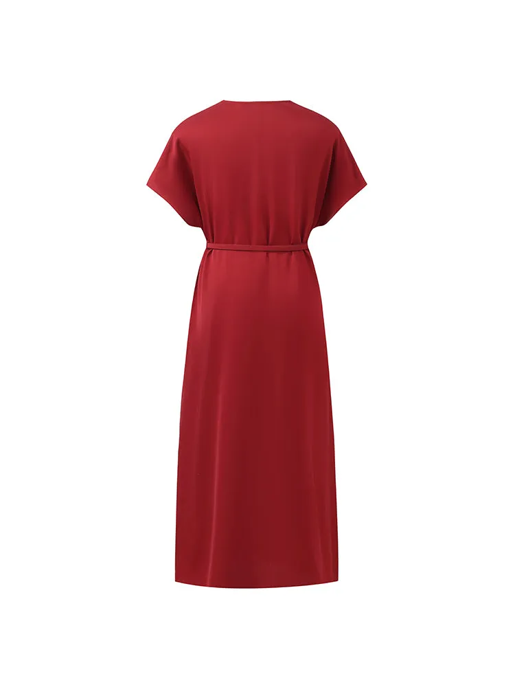 22 Momme Mulberry Silk V-Neck Women Midi Dress With Leather Belt