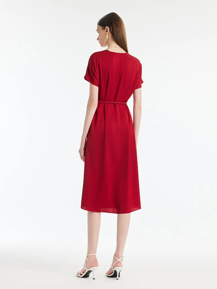 22 Momme Mulberry Silk V-Neck Women Midi Dress With Leather Belt