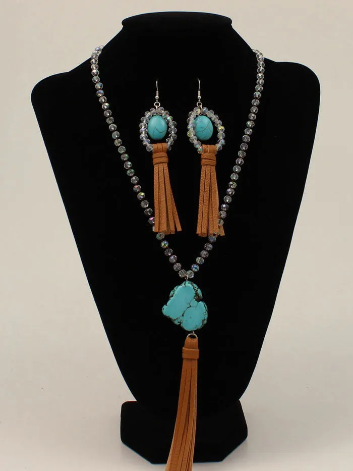 3D D4500250 Necklace And Earring Set Beads Pendant Tassel Turquoise