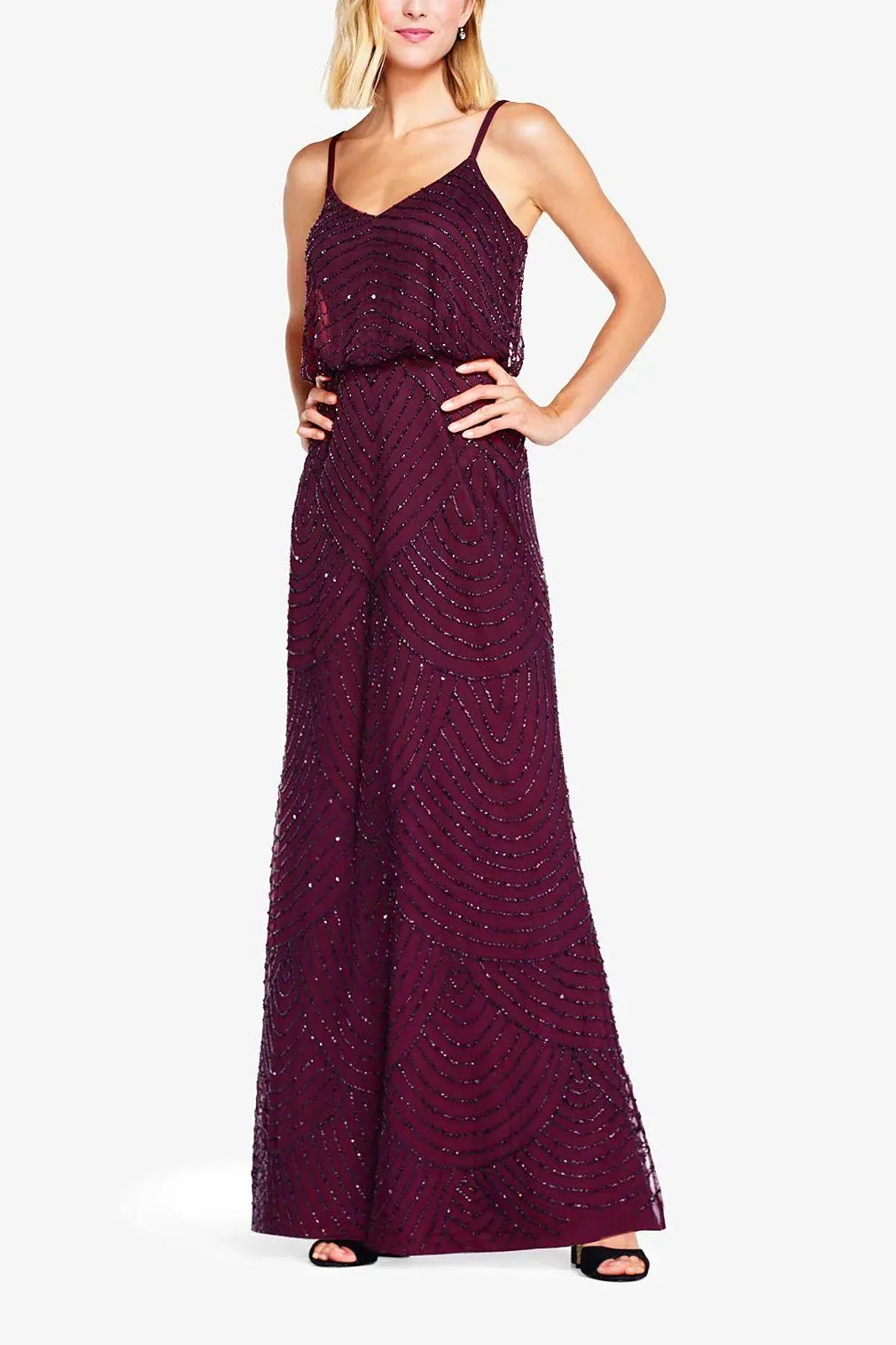 Adrianna Papell 091866702 V-Neck Sleeveless Beaded Long Dress