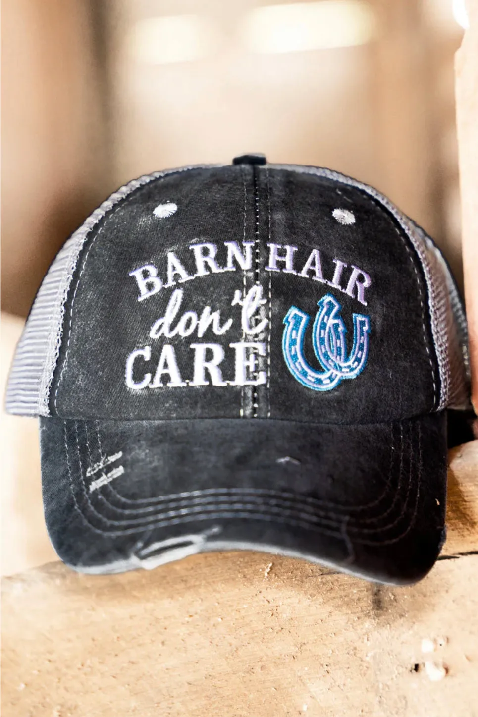 Barn Hair Don't Care Lucky Horseshoe Western High Pony Distressed Hat