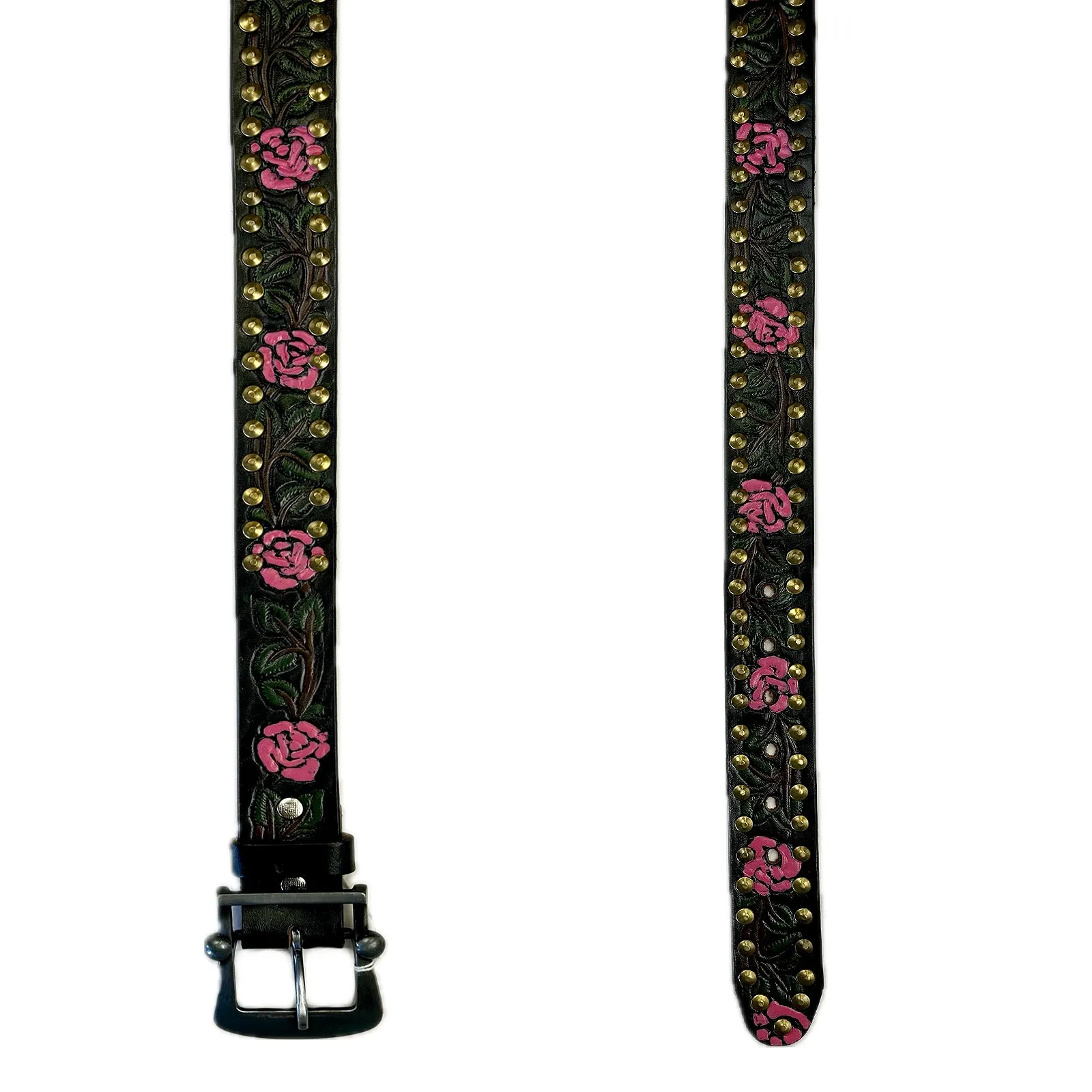 Black Tooled Genuine Leather Western Belt with Pink Roses