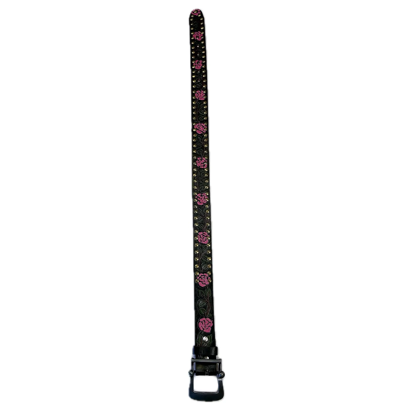 Black Tooled Genuine Leather Western Belt with Pink Roses