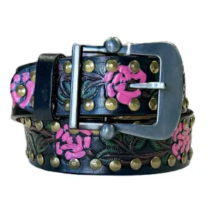 Black Tooled Genuine Leather Western Belt with Pink Roses