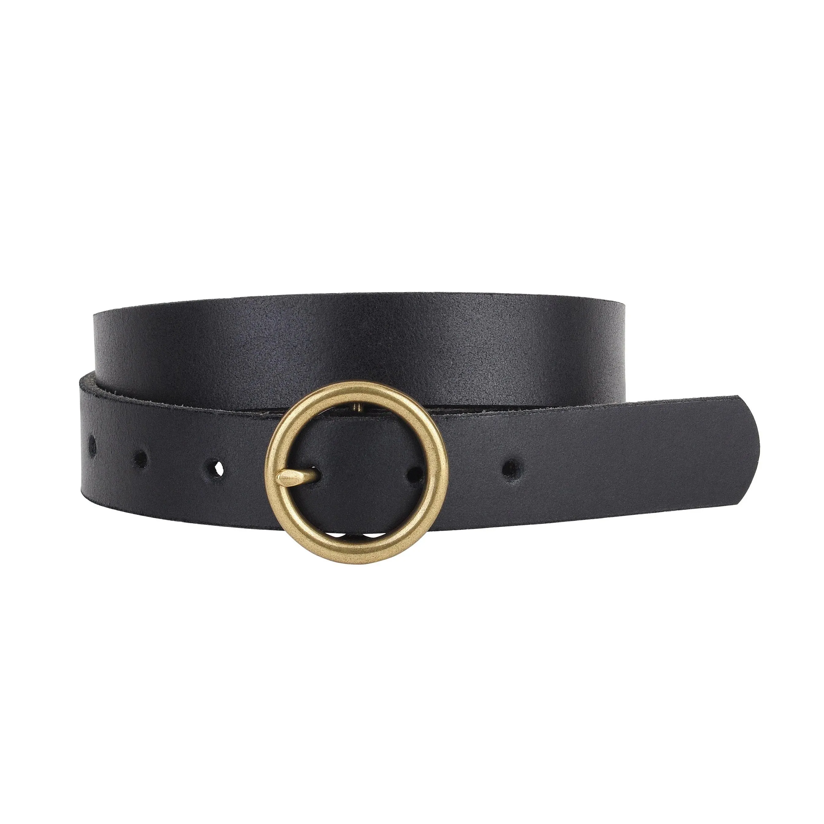 Brass-Toned Circle Buckle Leather Belt