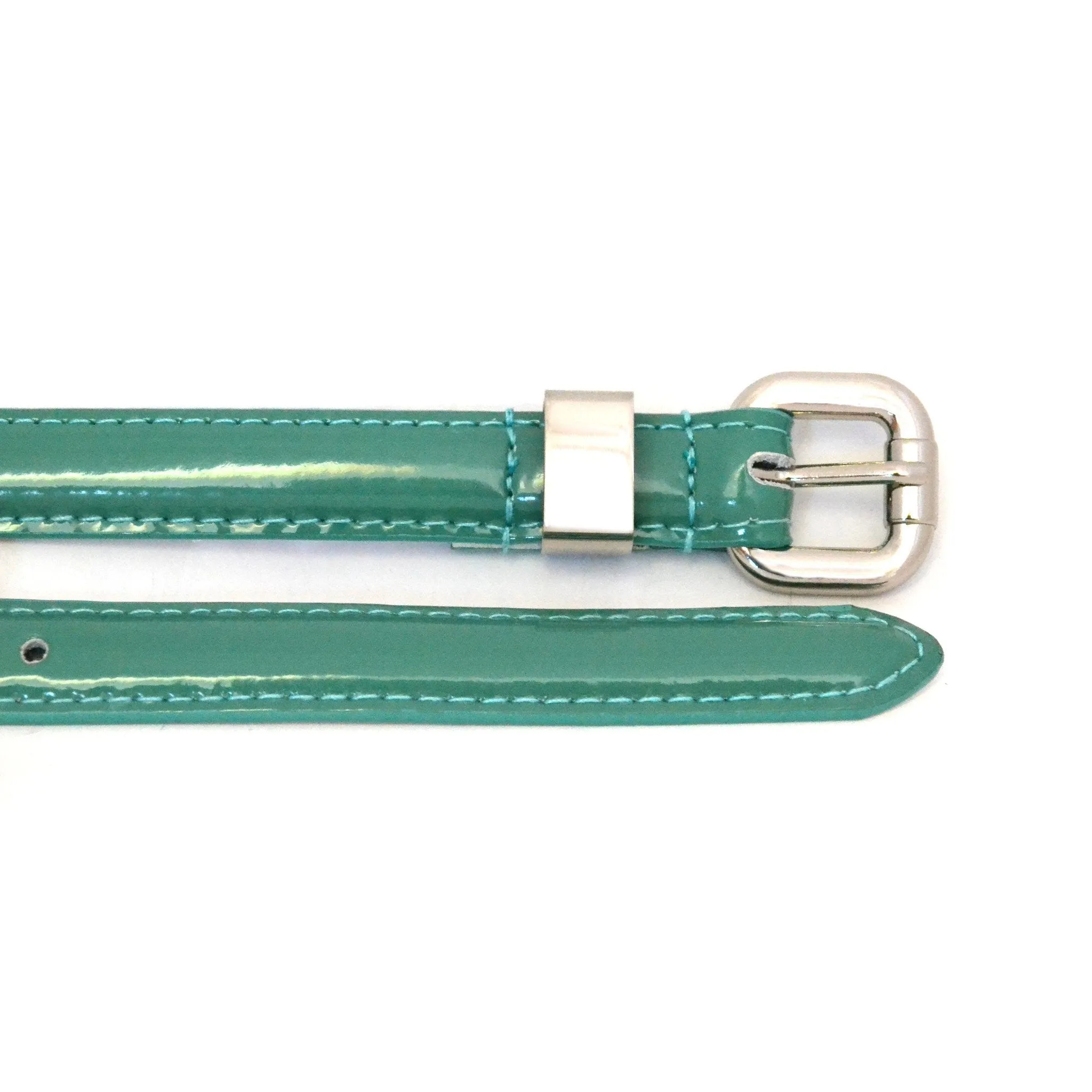 CARRIE -  Women's Forest Green Patent Skinny Leather Belt with Silver Buckle