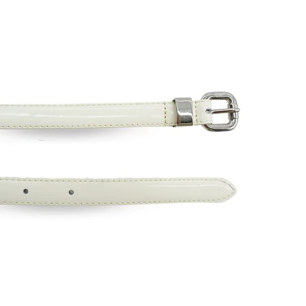 CARRIE -  Women's Off-White Patent Skinny Leather Belt with Silver Buckle