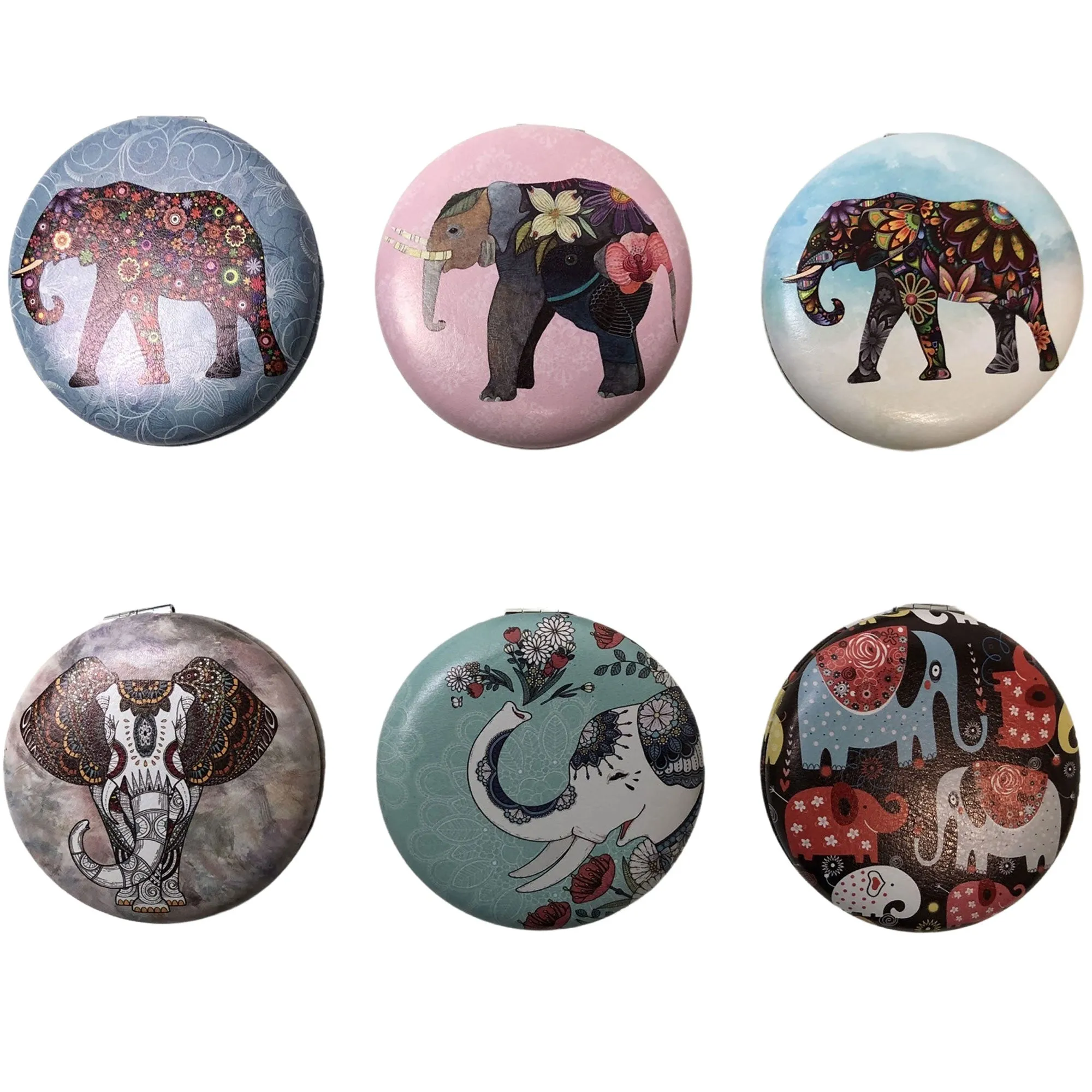 CLEARANCE COSMETIC MIRRORS ELEPHANT PRINTS (CASE OF 48 - $1.50 / PIECE)  Wholesale Round Cosmetic Mirrors in Assorted Prints SKU: 906-ELE-48