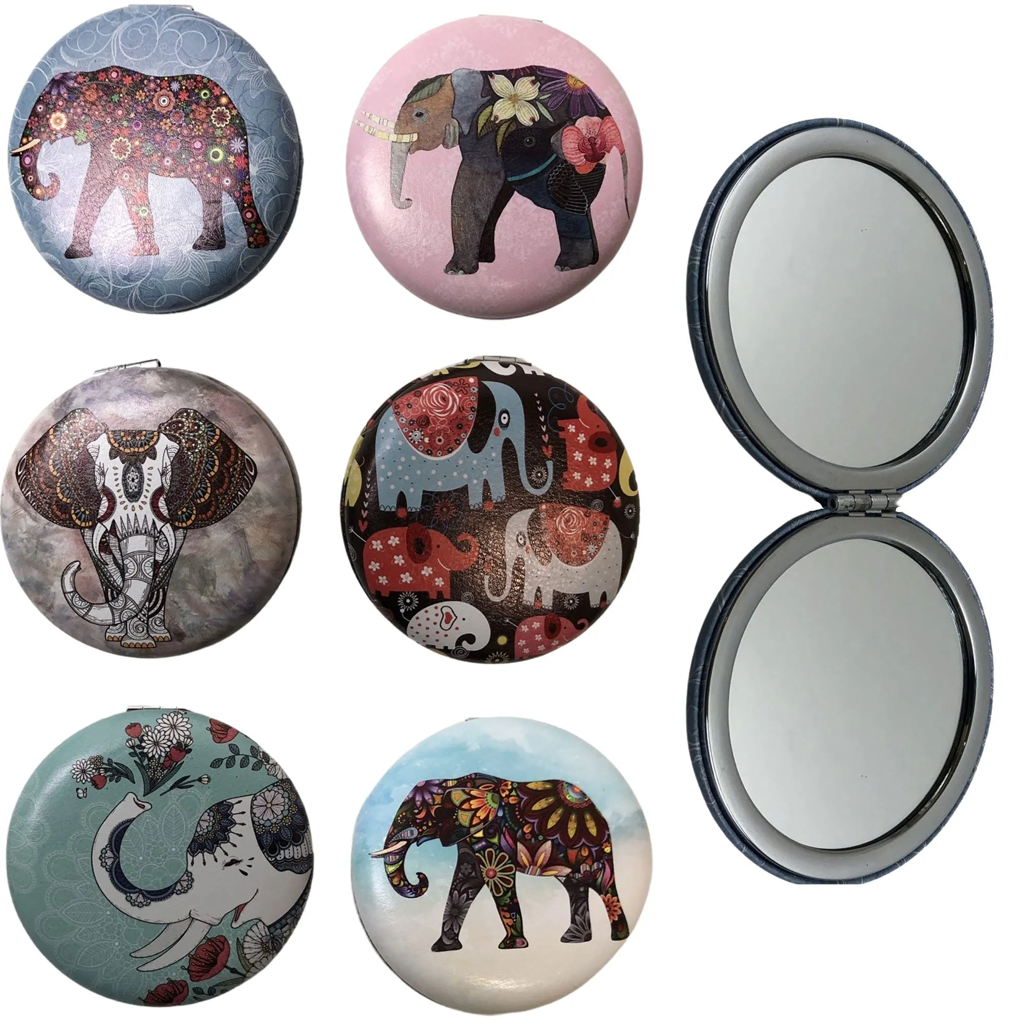 CLEARANCE COSMETIC MIRRORS ELEPHANT PRINTS (CASE OF 48 - $1.50 / PIECE)  Wholesale Round Cosmetic Mirrors in Assorted Prints SKU: 906-ELE-48