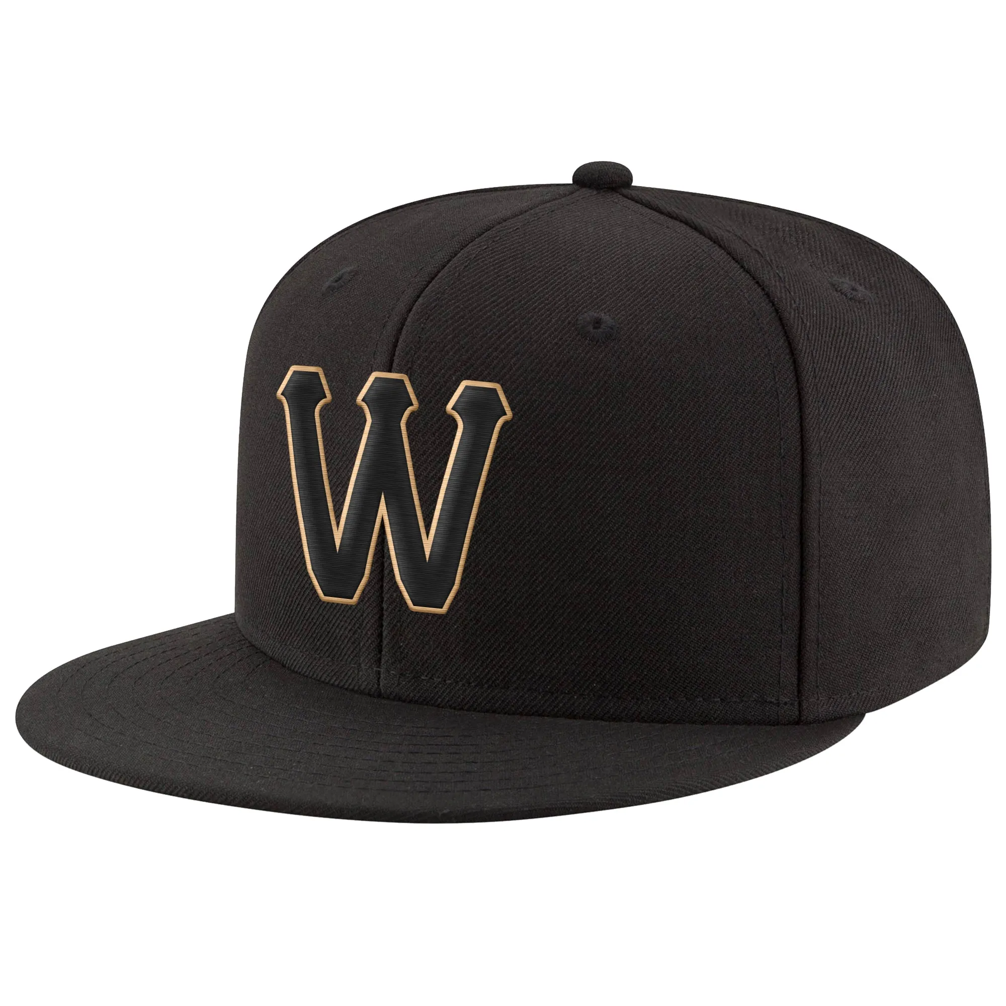 Custom Black Black-Old Gold Stitched Adjustable Snapback Hat