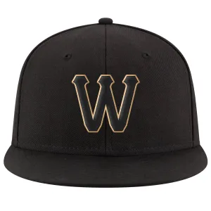 Custom Black Black-Old Gold Stitched Adjustable Snapback Hat