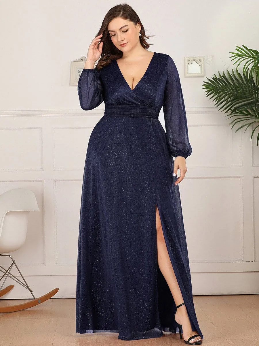 Custom Size Long Sleeve Side Split V-Neck Glittery Evening Dress