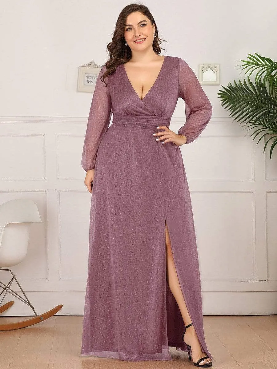 Custom Size Long Sleeve Side Split V-Neck Glittery Evening Dress