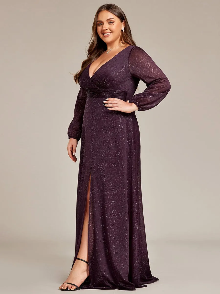 Custom Size Long Sleeve Side Split V-Neck Glittery Evening Dress