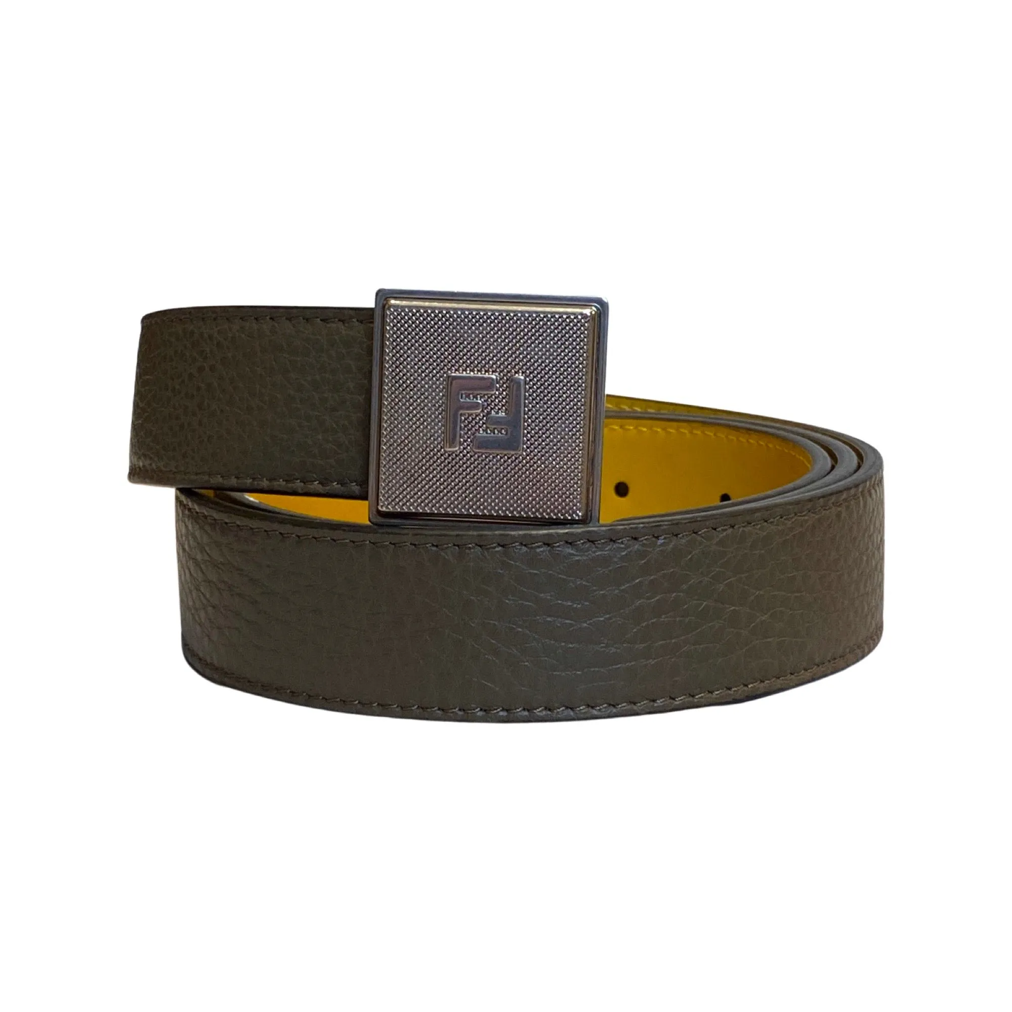 Fendi Mens Yellow Brown Reversible Grained Leather Belt 100