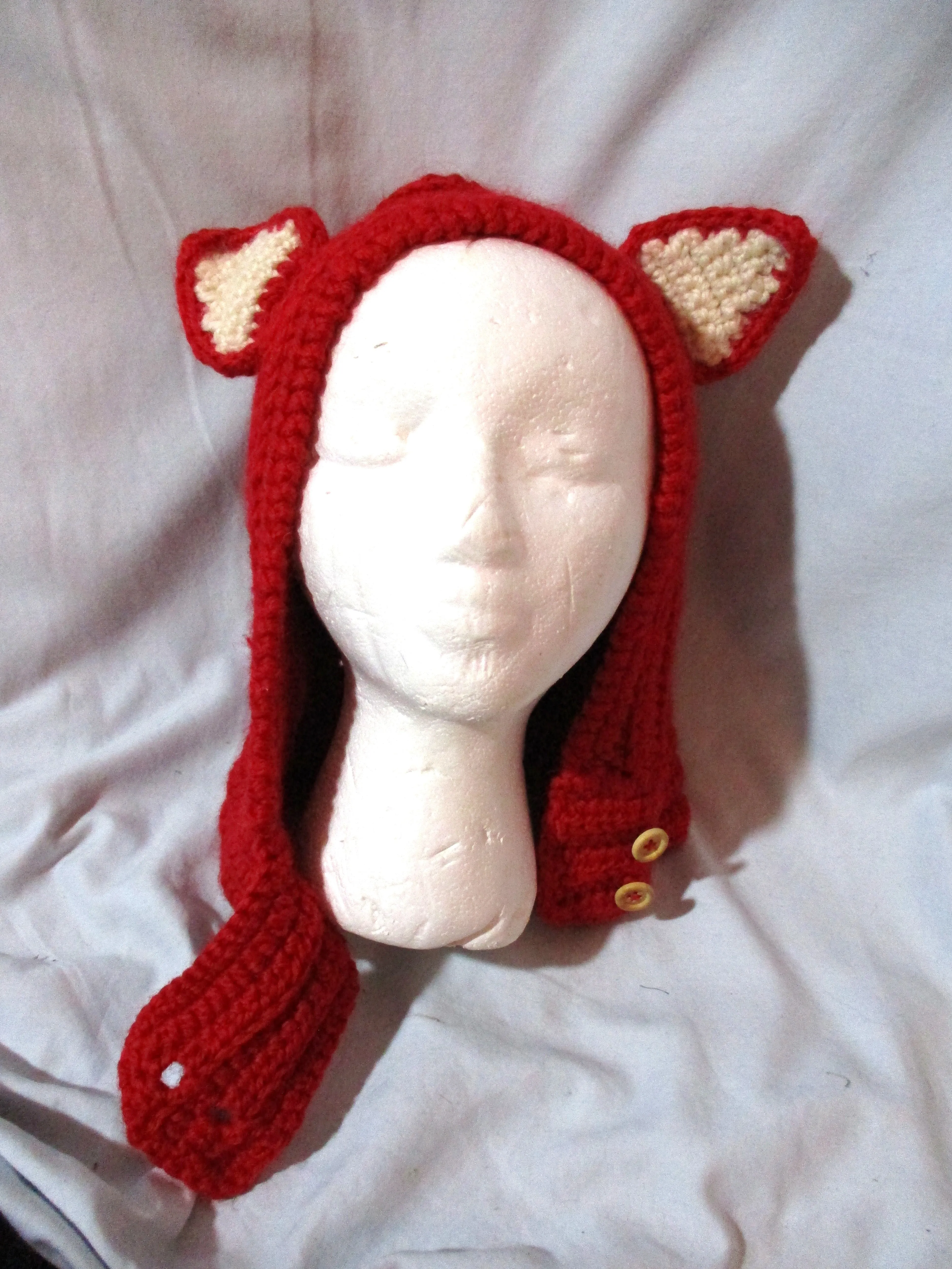 Handmade Hand Knit RED Kitty Cat EAR HOOD HAT Scarf Cosplay