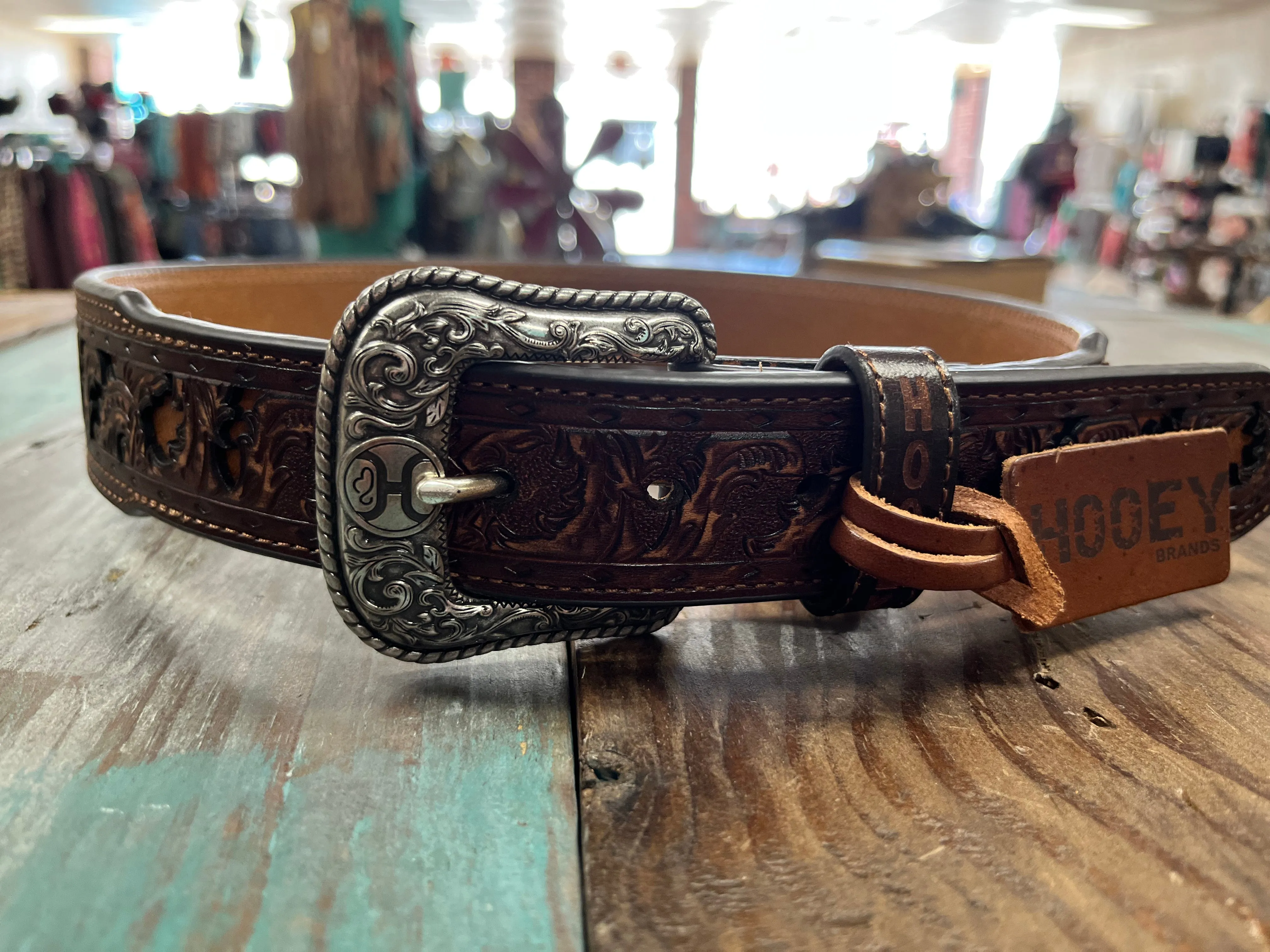 Hooey Western Mens Belt Leather Tooled Cutout Brown/Brown