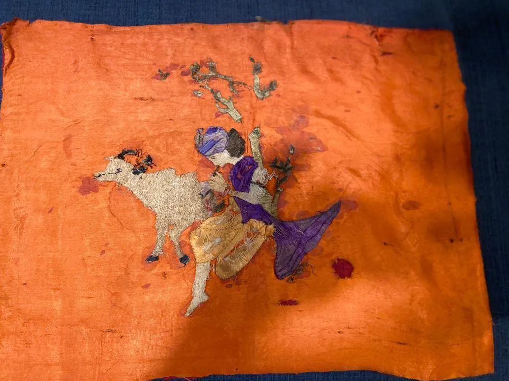 Krishna with cow : Vintage Embroidered Textile