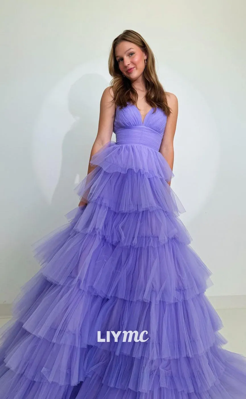 LP1095 - A Line V Neck Tulle Tiered Long Formal Prom Dress