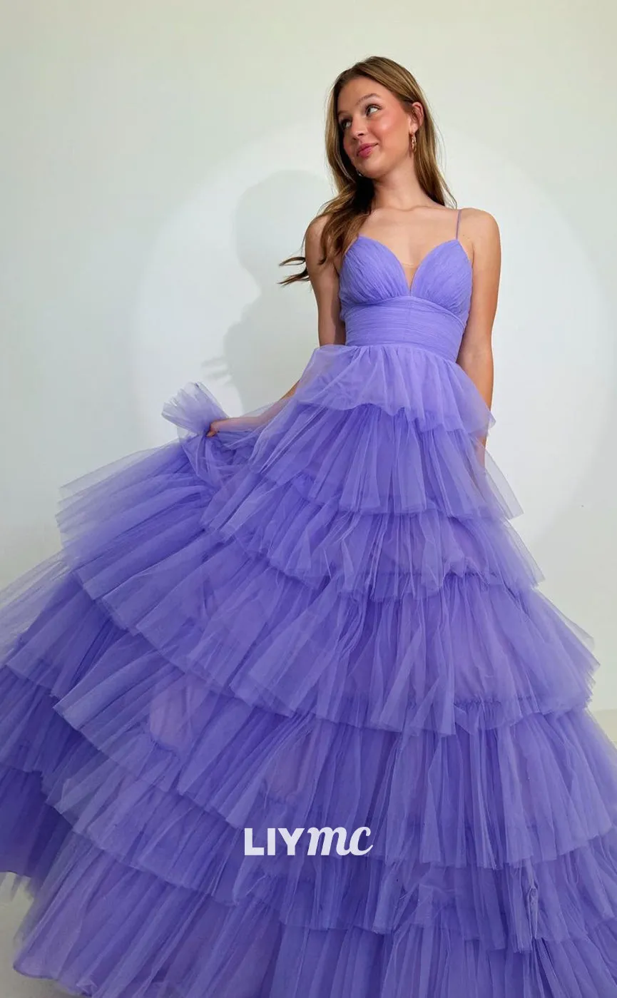 LP1095 - A Line V Neck Tulle Tiered Long Formal Prom Dress