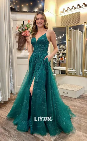 LP1189 - A Line V Neck Lace Appliques Long Formal Prom Dress with Pockets