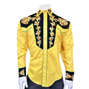 Men's Floral 2-Tone Black & Gold Embroidered Western Shirt