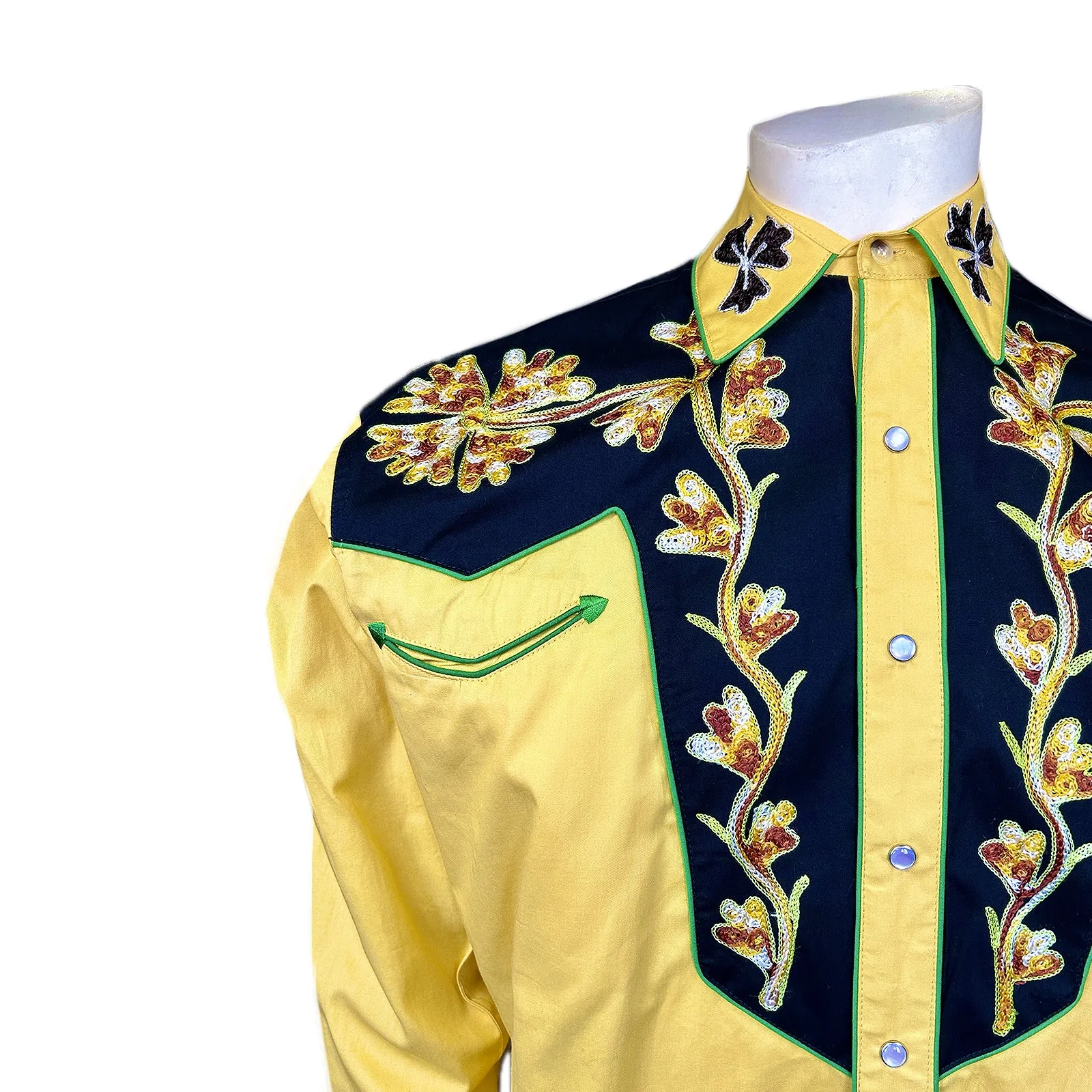 Men's Floral 2-Tone Black & Gold Embroidered Western Shirt