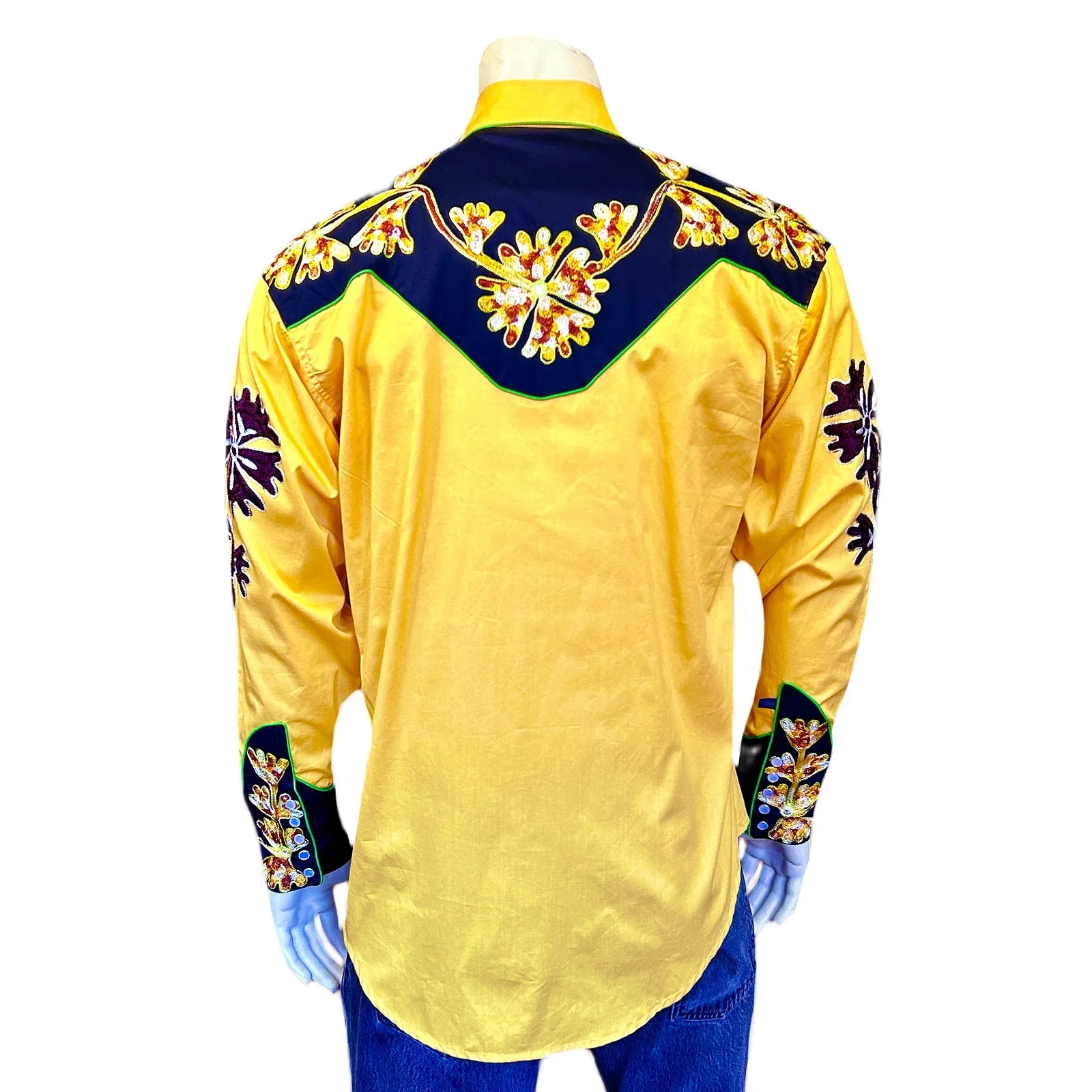 Men's Floral 2-Tone Black & Gold Embroidered Western Shirt