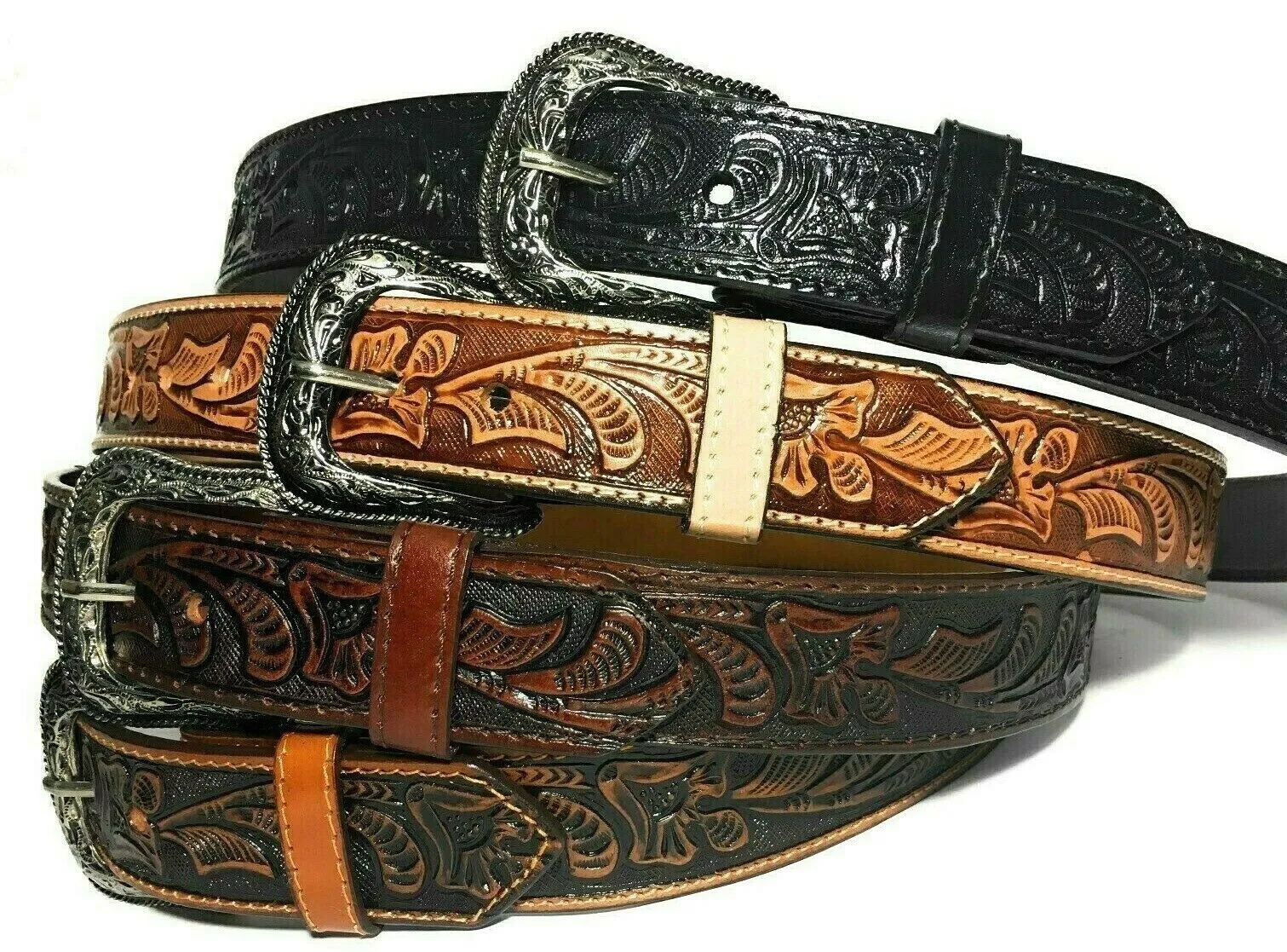 MRoyale™ Embossed Western Leather Belt | Floral Tulip, Cowboy Rodeo, 4 Colors