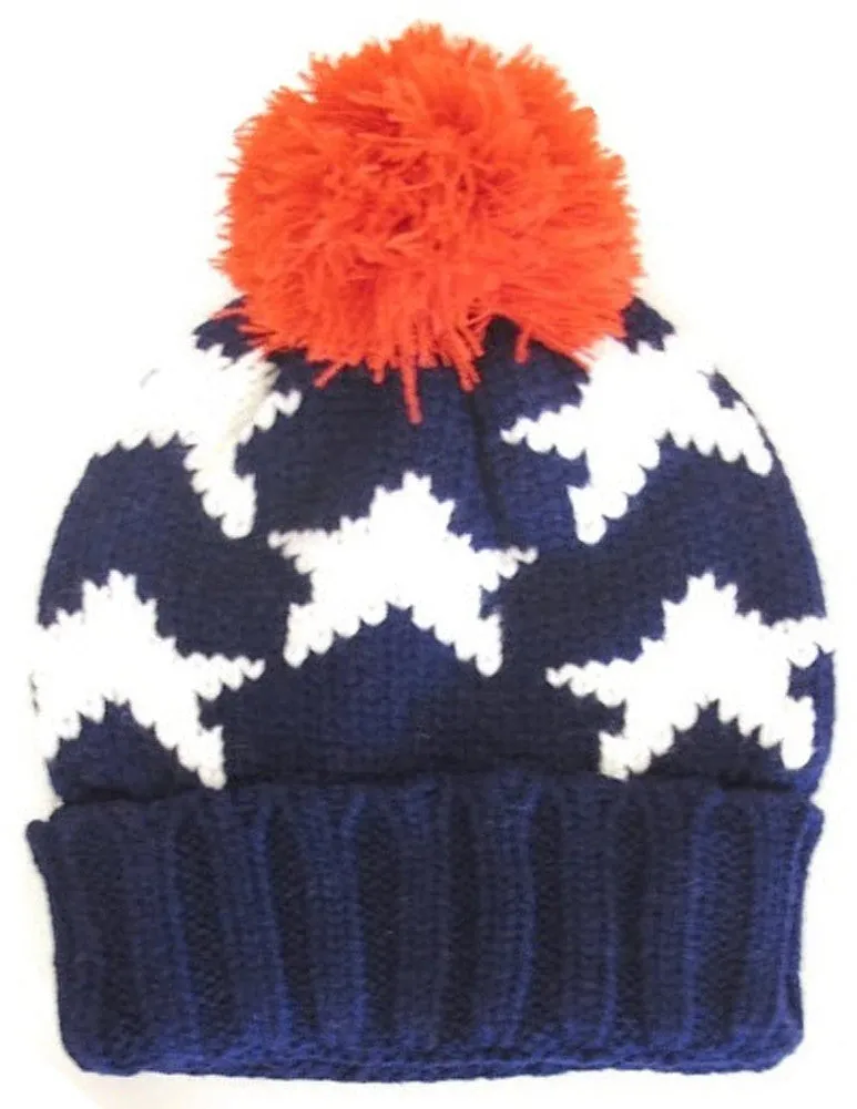 Navy Blue Patriotic Stars Thick Knit Pom Beanie Ski Hat