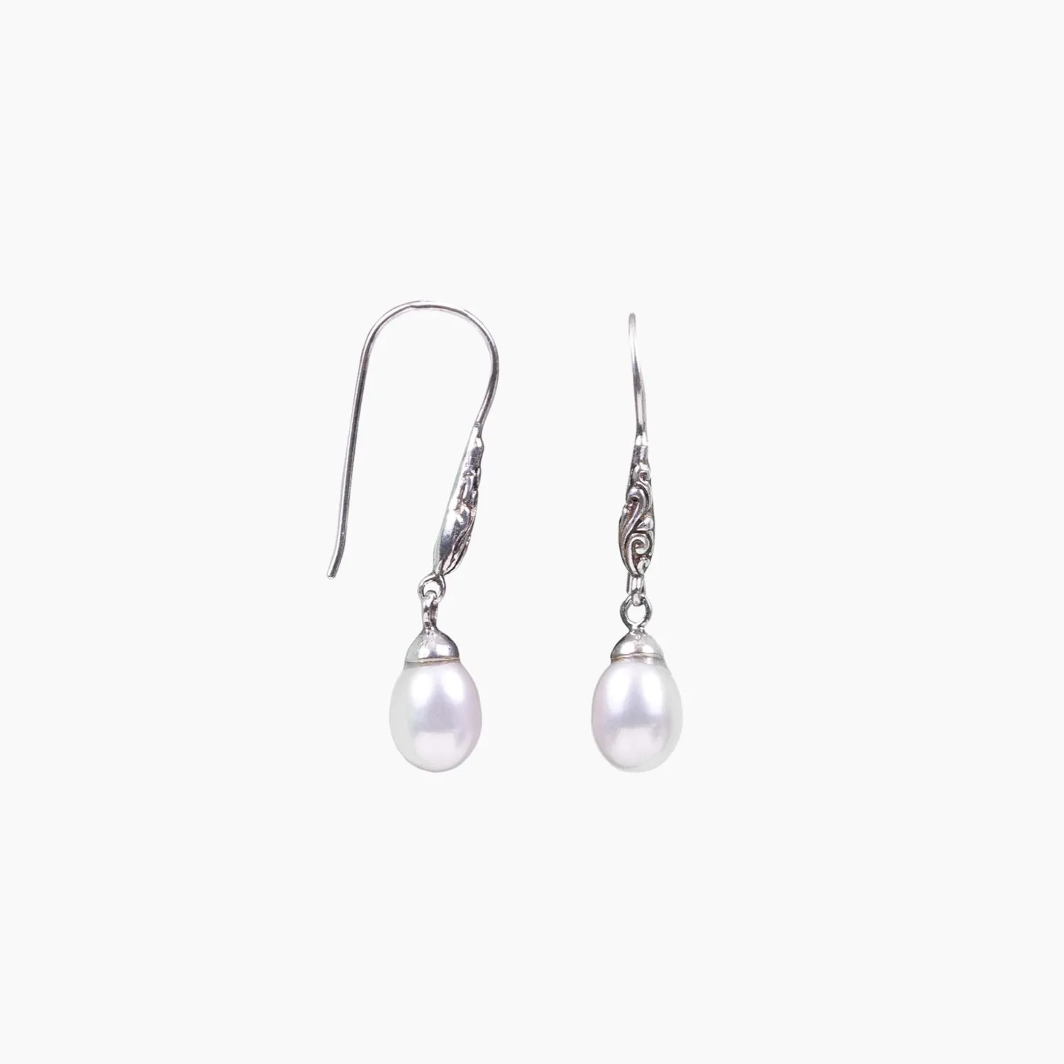 Sterling Silver Pearl Drop Earrings with Bali Detail