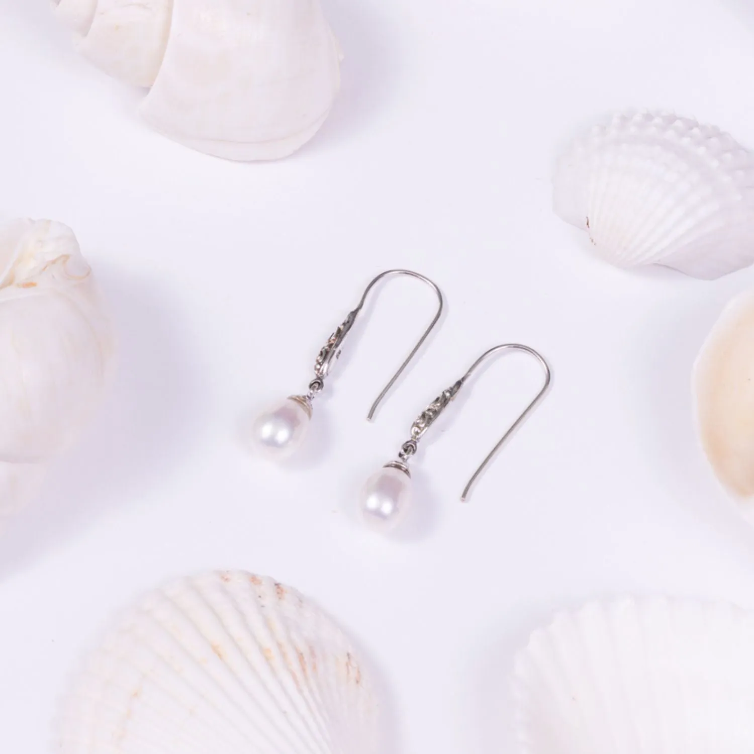 Sterling Silver Pearl Drop Earrings with Bali Detail