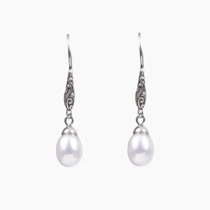 Sterling Silver Pearl Drop Earrings with Bali Detail