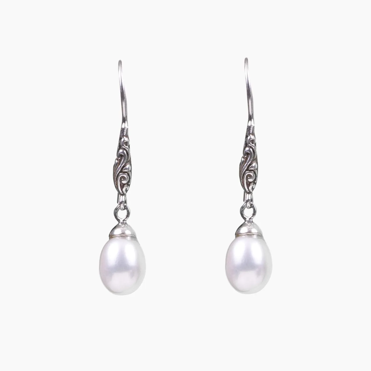 Sterling Silver Pearl Drop Earrings with Bali Detail