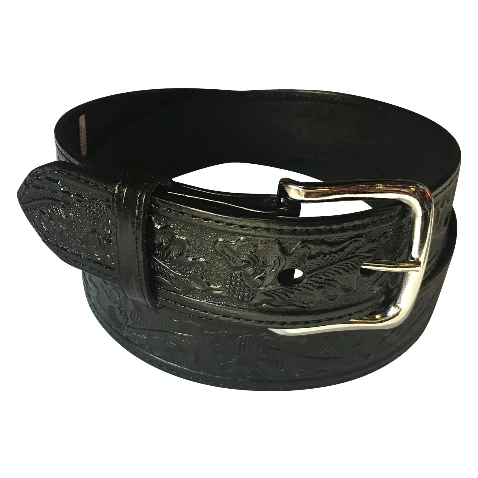 Tooled Floral Black Genuine Leather Western Belt